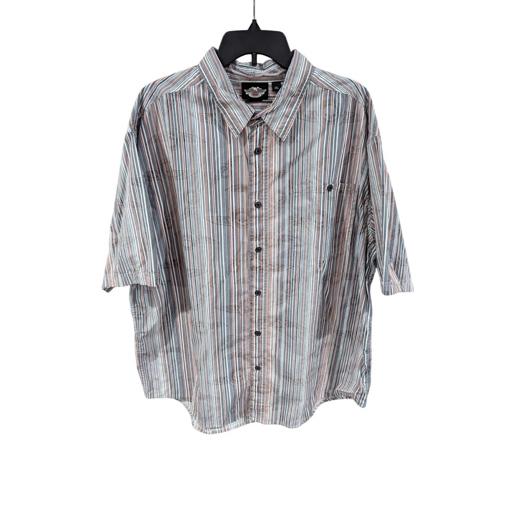 Harley-Davidson Shirt Mens XXL Grey Orange Striped Skull Button Up Excellent
